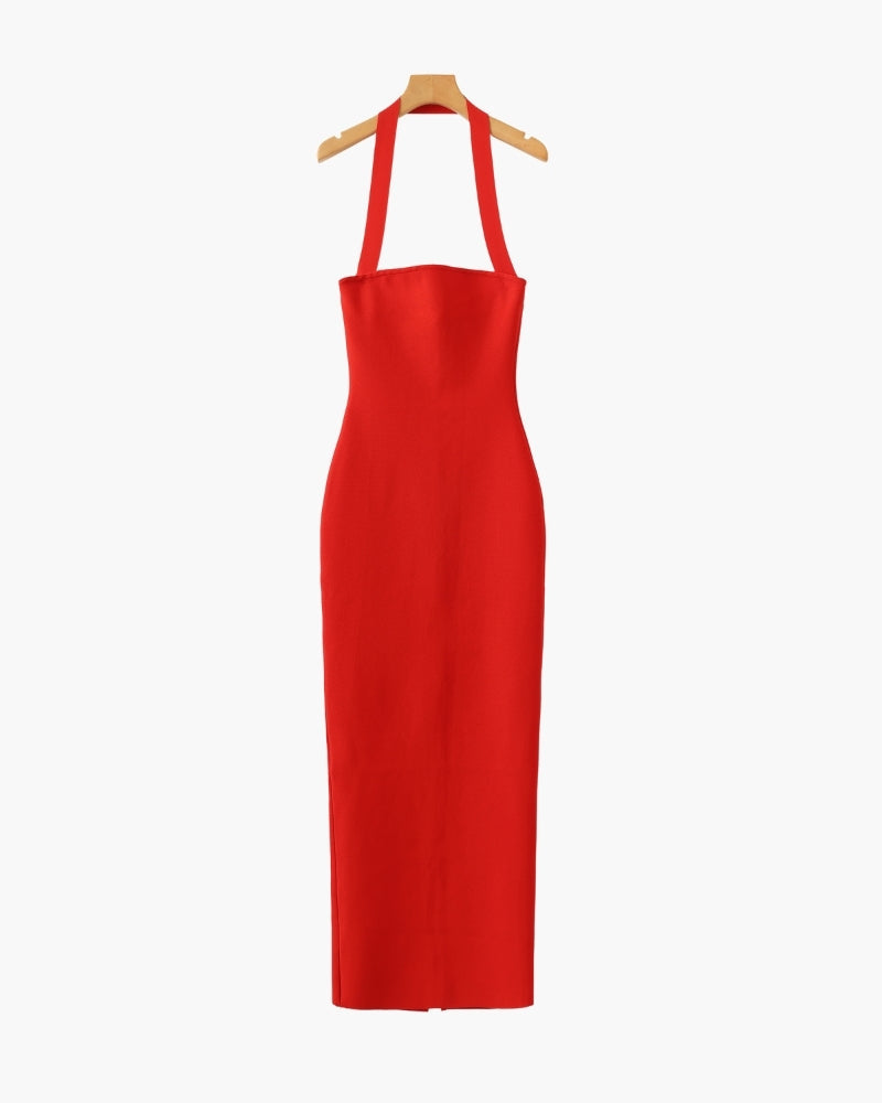 Women's Halter Neck Maxi Dress with Slim Fit and Adjustable Straps - Red