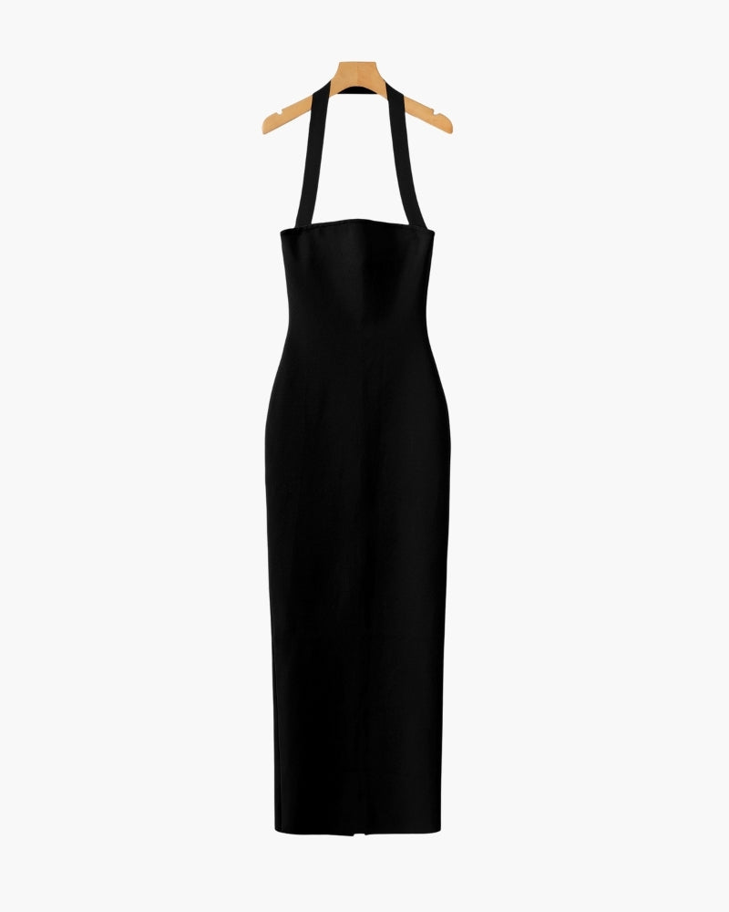 Women's Halter Neck Maxi Dress with Slim Fit and Adjustable Straps - Black