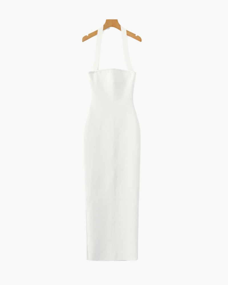Women's Halter Neck Maxi Dress with Slim Fit and Adjustable Straps - White