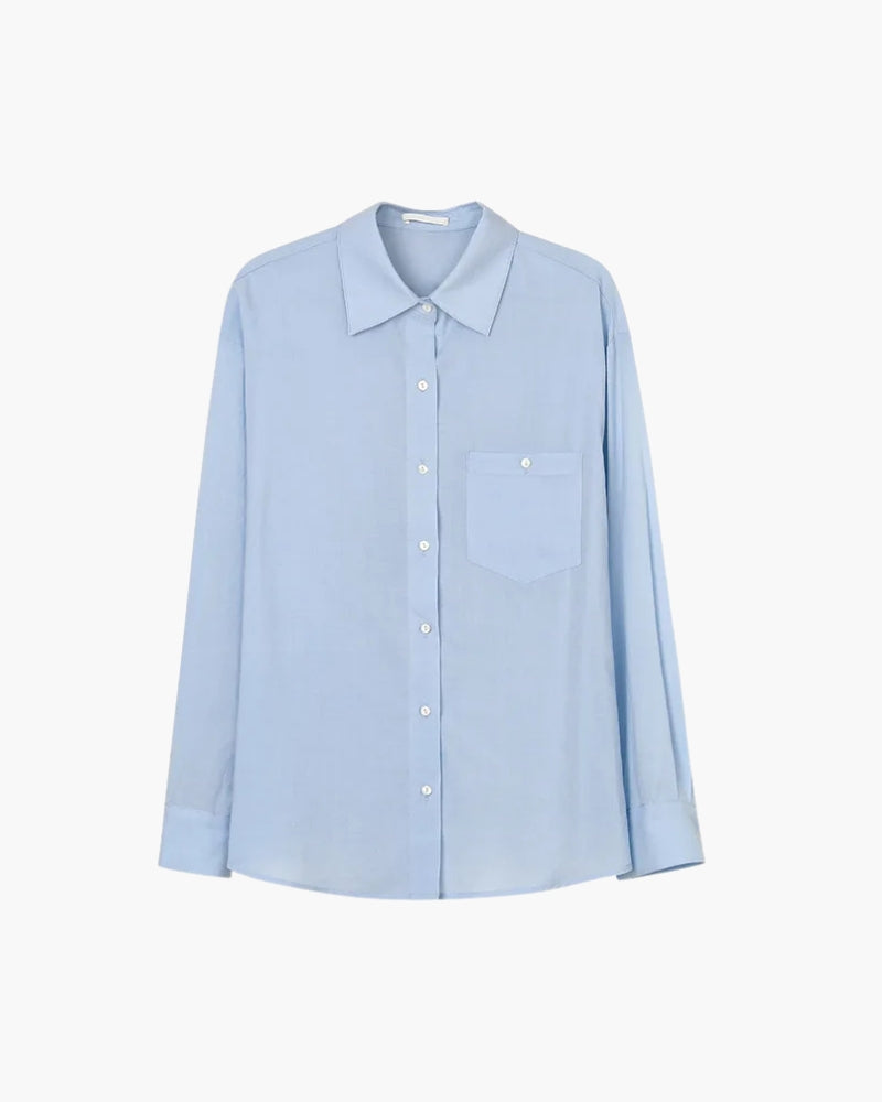Women's Linen Cotton Shirt with Full Sleeves and Chest Pocket - Blue