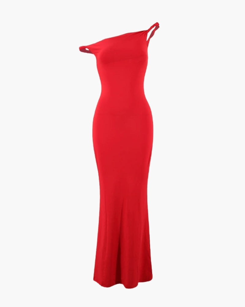 Women's One-Shoulder Bodycon Maxi Dress with Fishtail Hem - Red
