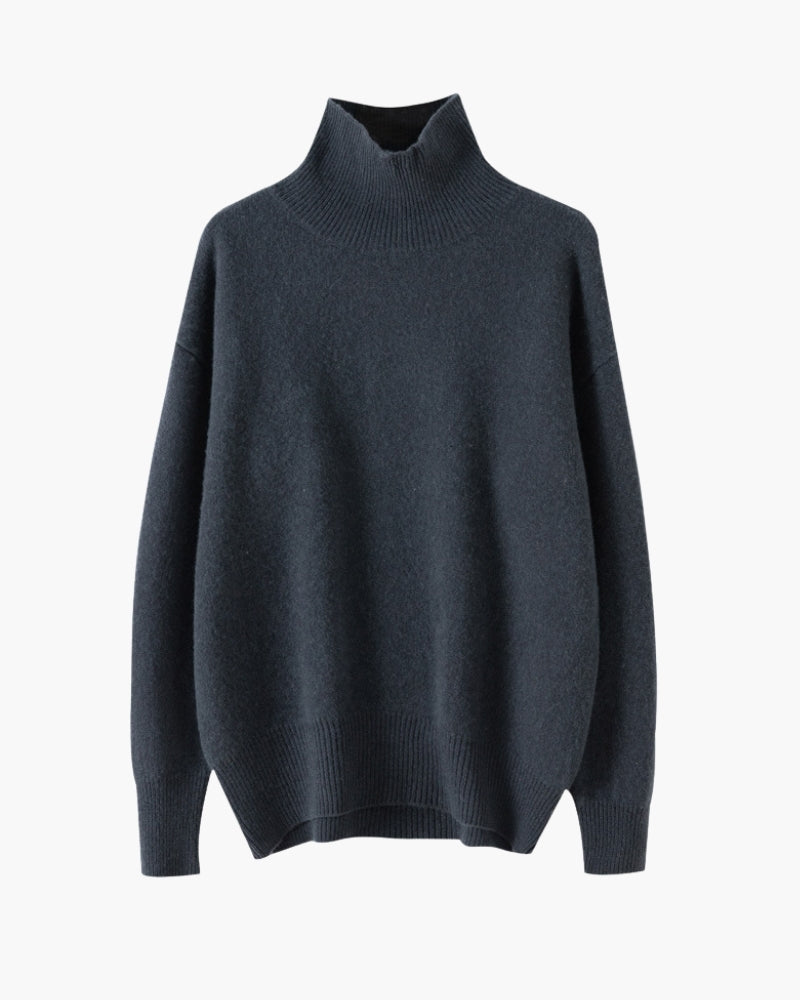 Women's Oversized Roll Neck Jumper with Ribbed Cuffs - Navy