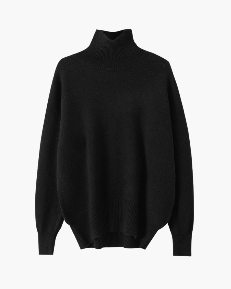 Women's Oversized Roll Neck Jumper with Ribbed Cuffs - Black