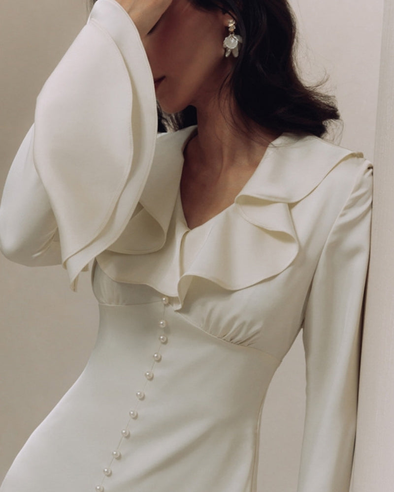 Women's Pearl Button Midi Dress with Ruffle Neckline and Flared Sleeves