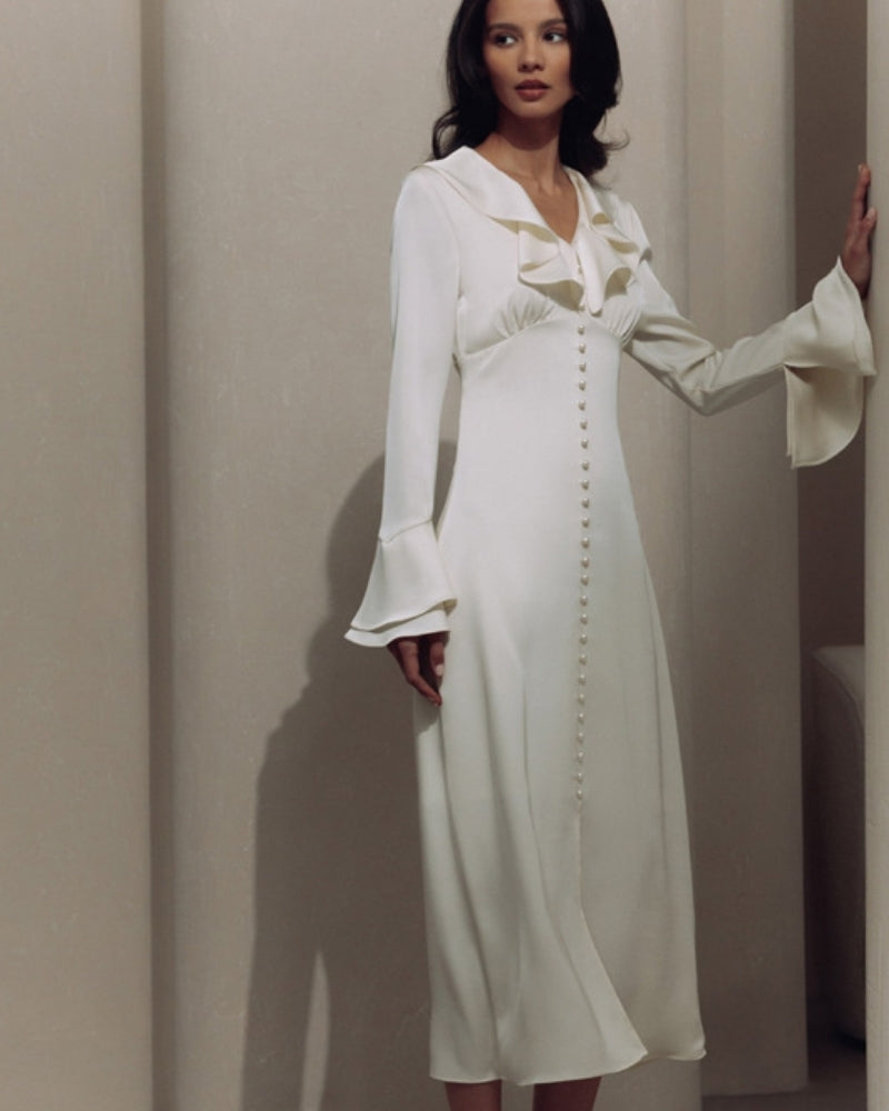 Women's Pearl Button Midi Dress with Ruffle Neckline and Flared Sleeves