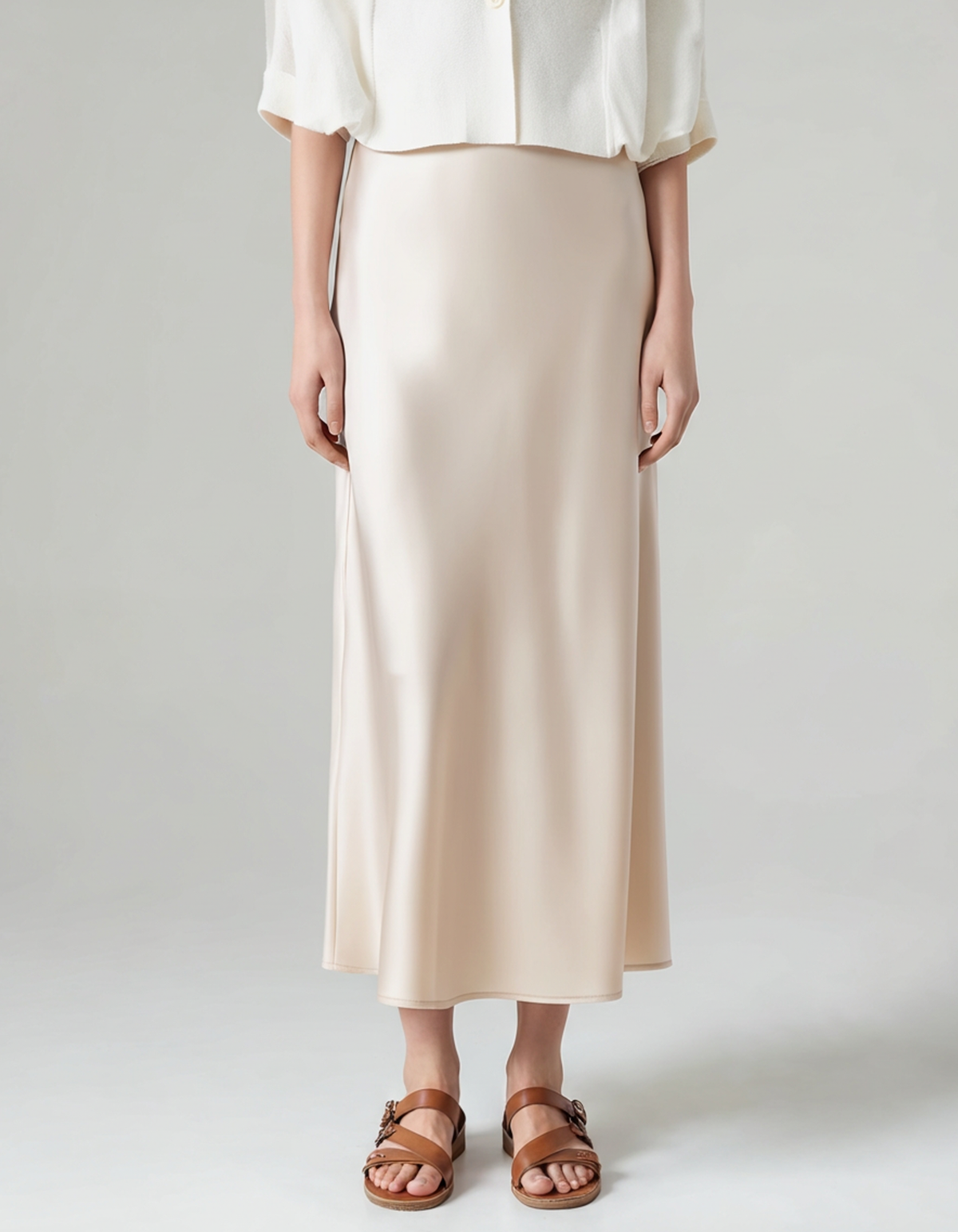 Women's Satin Midi Skirt with Elastic Waist and Bias Cut - Beige