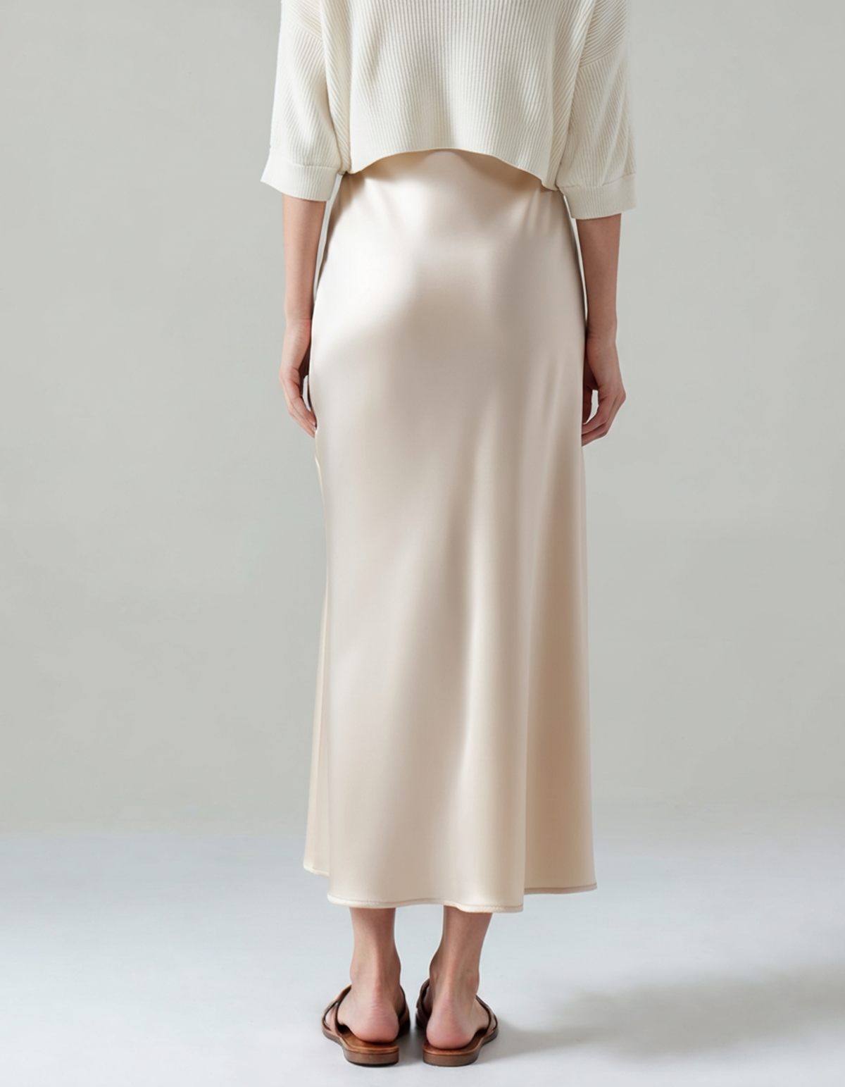 Women's Satin Midi Skirt with Elastic Waist and Bias Cut