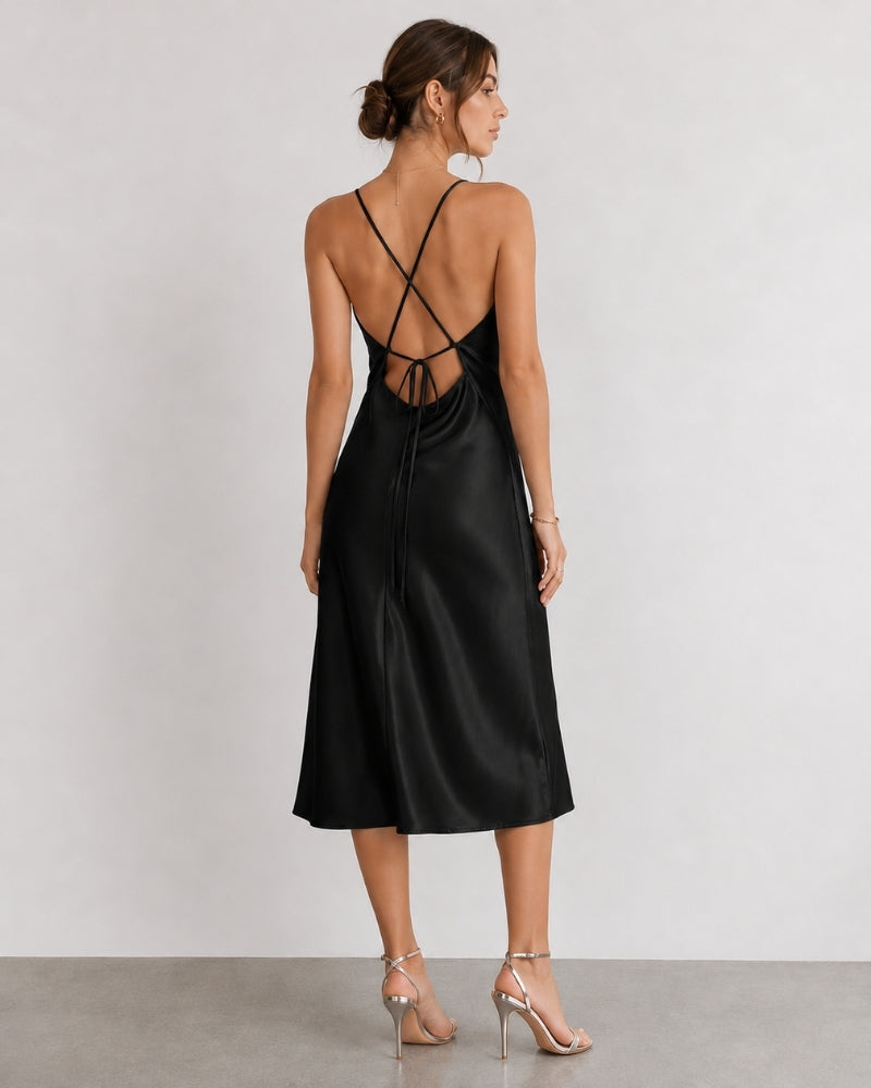 Women's Satin Slip Dress with Cowl Neck and Adjustable Straps