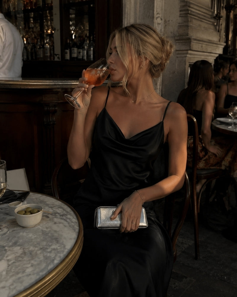 Women's Satin Slip Dress with Cowl Neck and Adjustable Straps