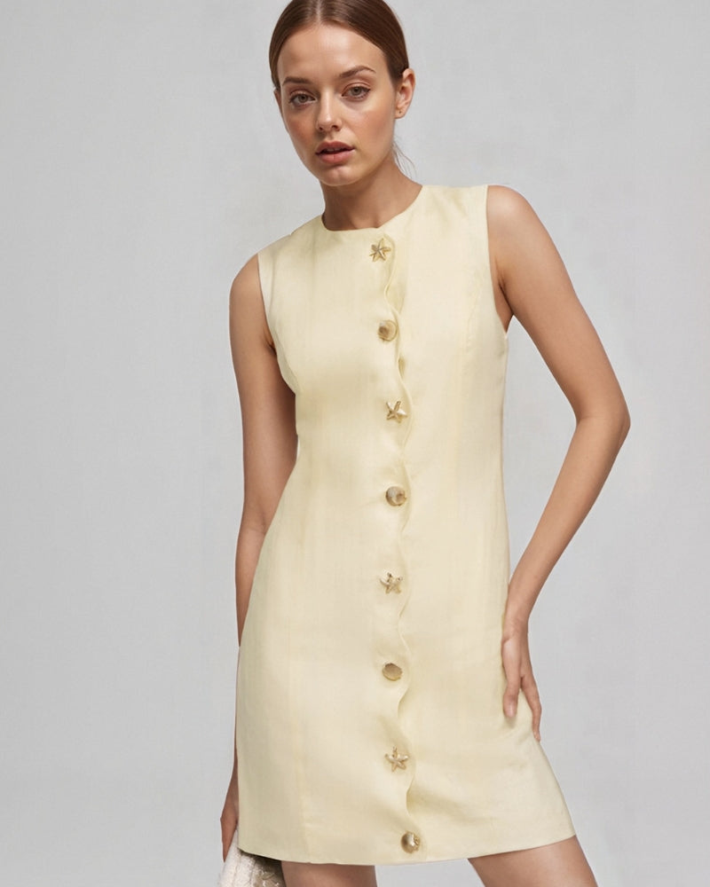 Women's Sleeveless Tailored Mini Dress with Wavy Button Placket