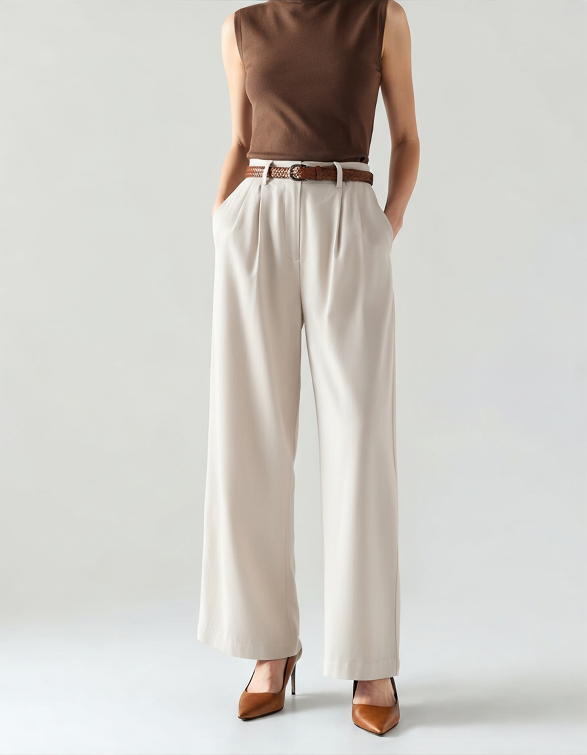Women's Straight Cut Trousers with Pleated Front and Belt Loops - White
