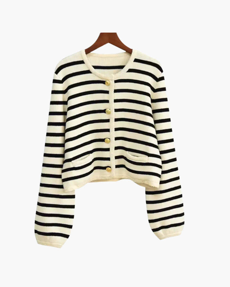 Women's Striped Knit Vest with Round Neck and Gold-Tone Buttons