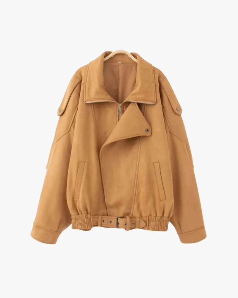 Women's Suede-Look Bomber Jacket with Wide Lapel and Shoulder Flaps - Beige