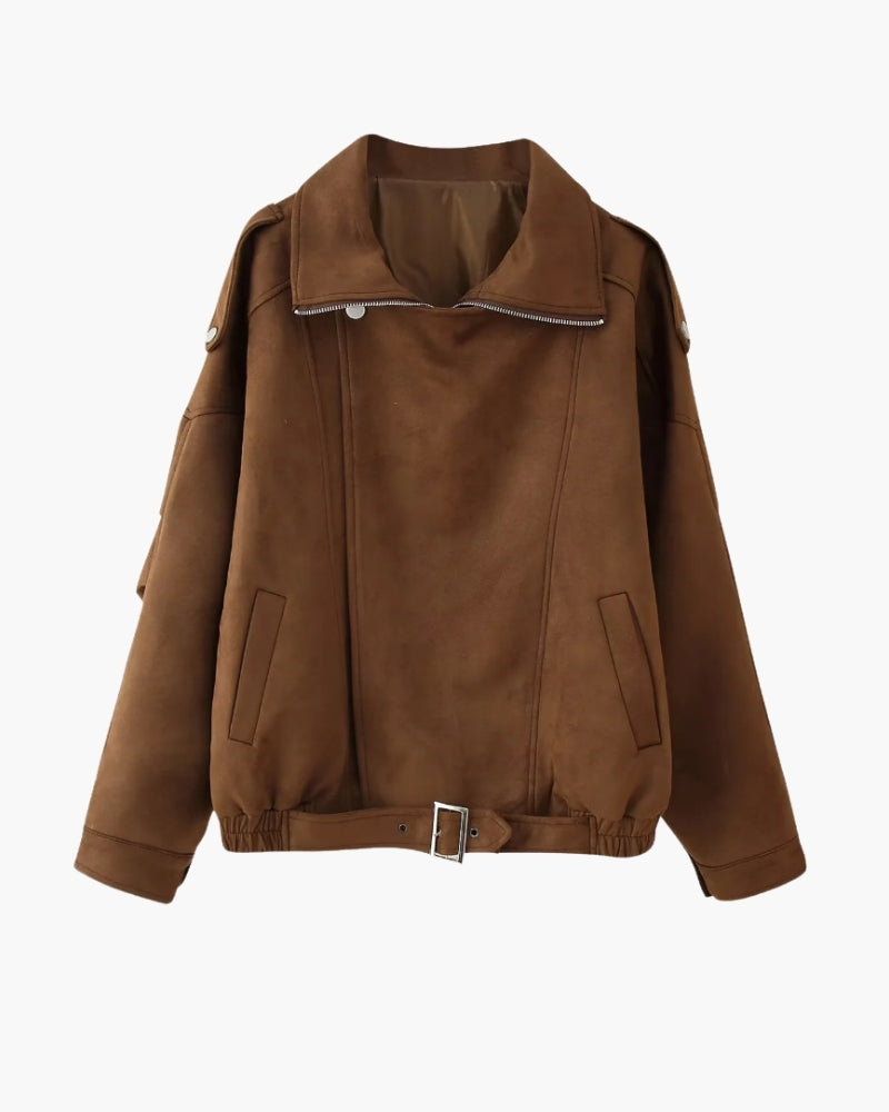 Women's Suede-Look Bomber Jacket with Wide Lapel and Shoulder Flaps - Dark Brown