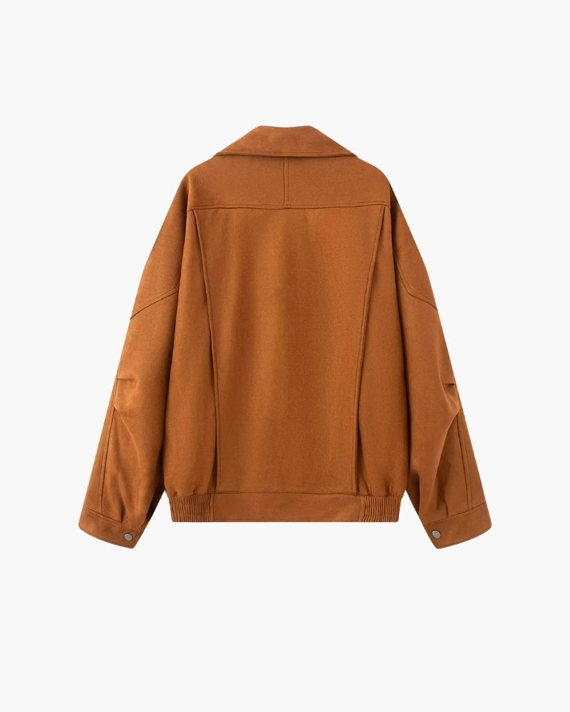 Women's Suede-Look Bomber Jacket with Wide Lapel and Shoulder Flaps