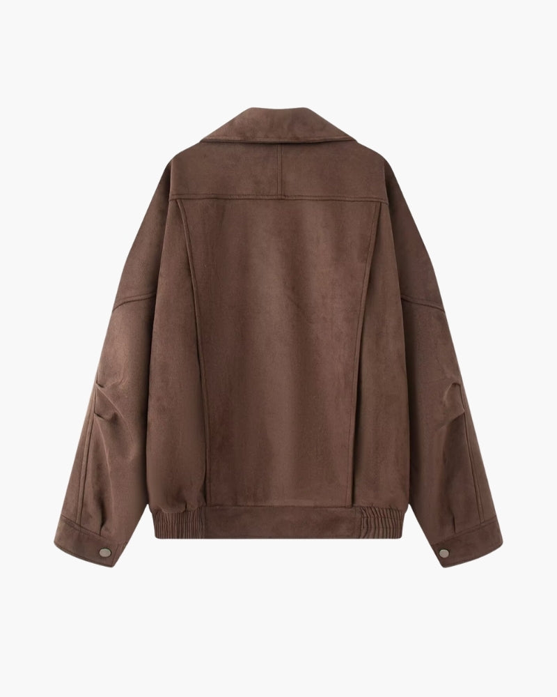 Women's Suede-Look Bomber Jacket with Wide Lapel and Shoulder Flaps