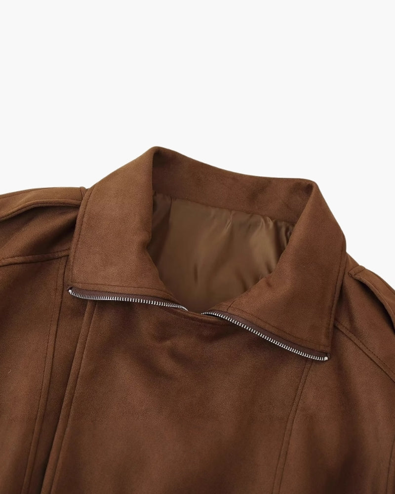 Women's Suede-Look Bomber Jacket with Wide Lapel and Shoulder Flaps