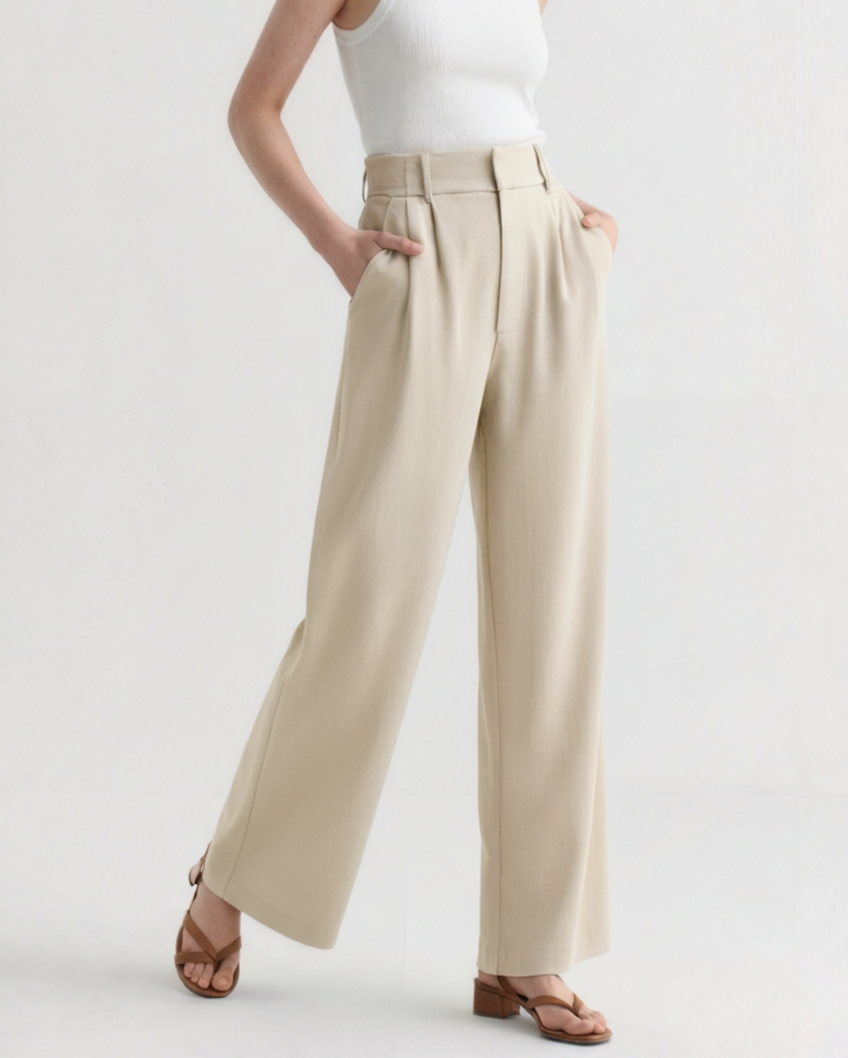 Women's Tailored Wide Leg Trousers with Pleats and High Waist - Beige
