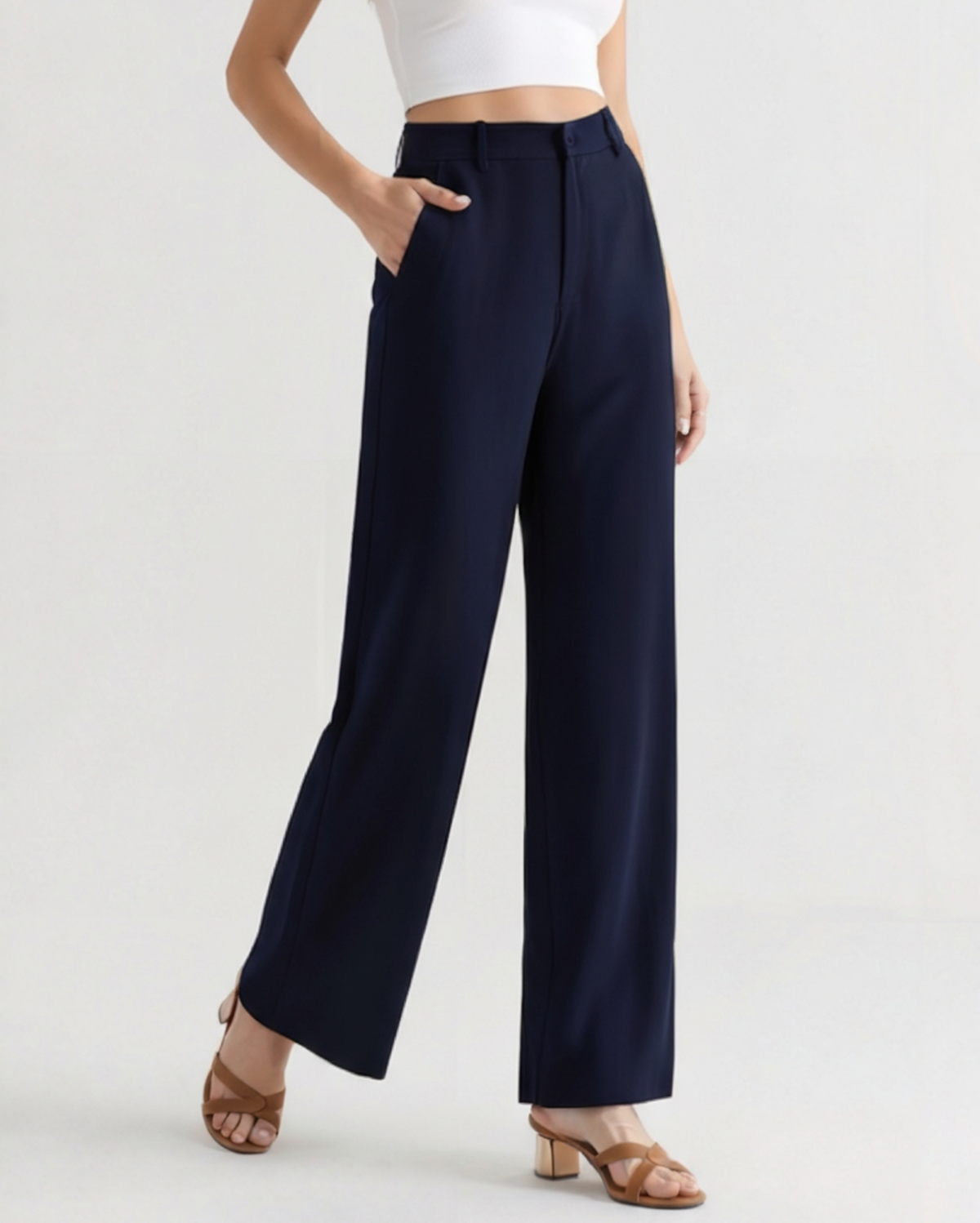 Women's Tailored Wide Leg Trousers with Pleats and High Waist - Navy