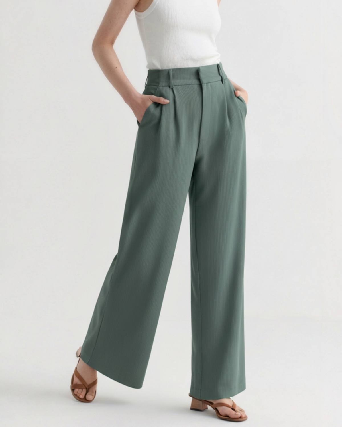 Women's Tailored Wide Leg Trousers with Pleats and High Waist - Green