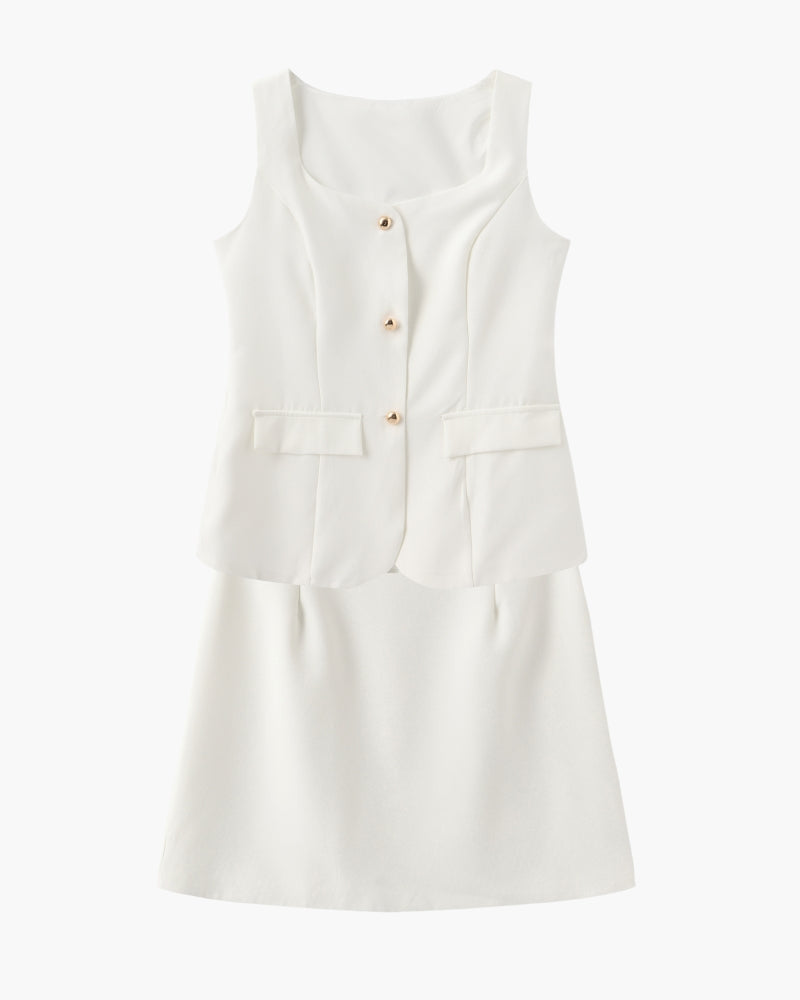 Women's Two-Piece Set with Sleeveless Blazer Top and A-Line Mini Skirt