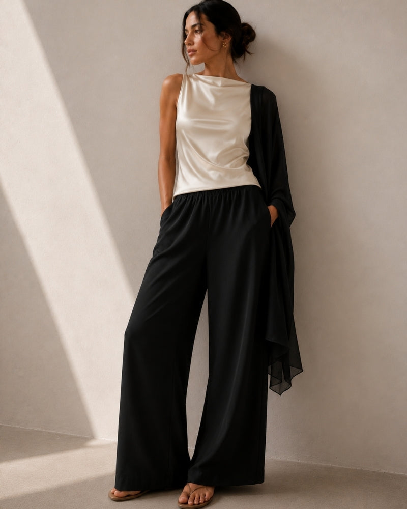 Women's Wide Leg Trousers with Elastic Waist and Fluid Drape