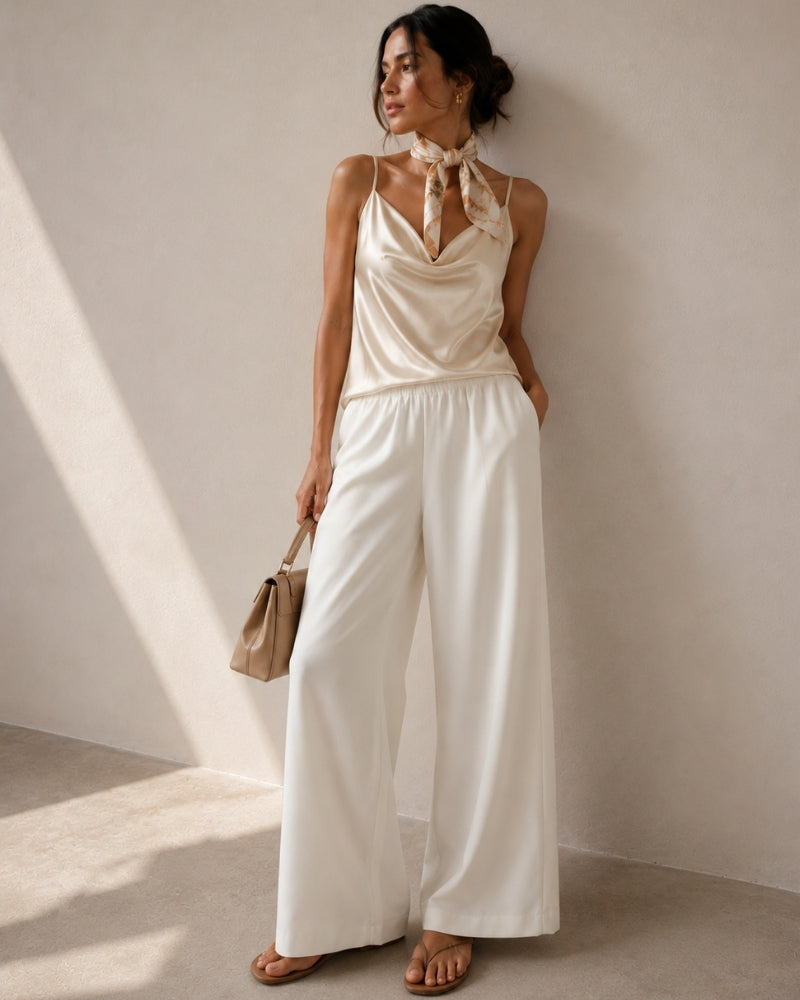 Women's Wide Leg Trousers with Elastic Waist and Fluid Drape