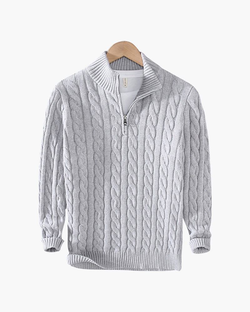 Men's Cable Knit Half-Zip Jumper with Mock Collar - Grey