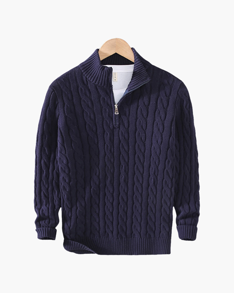 Men's Cable Knit Half-Zip Jumper with Mock Collar - Marine