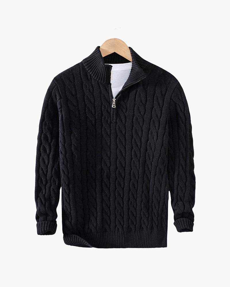 Men's Cable Knit Half-Zip Jumper with Mock Collar - Black