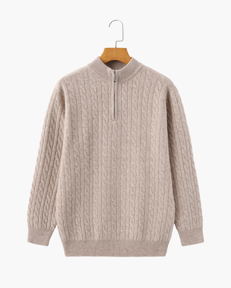 Men's Cashmere Cable Knit Half-Zip Jumper with Mock Collar - Beige