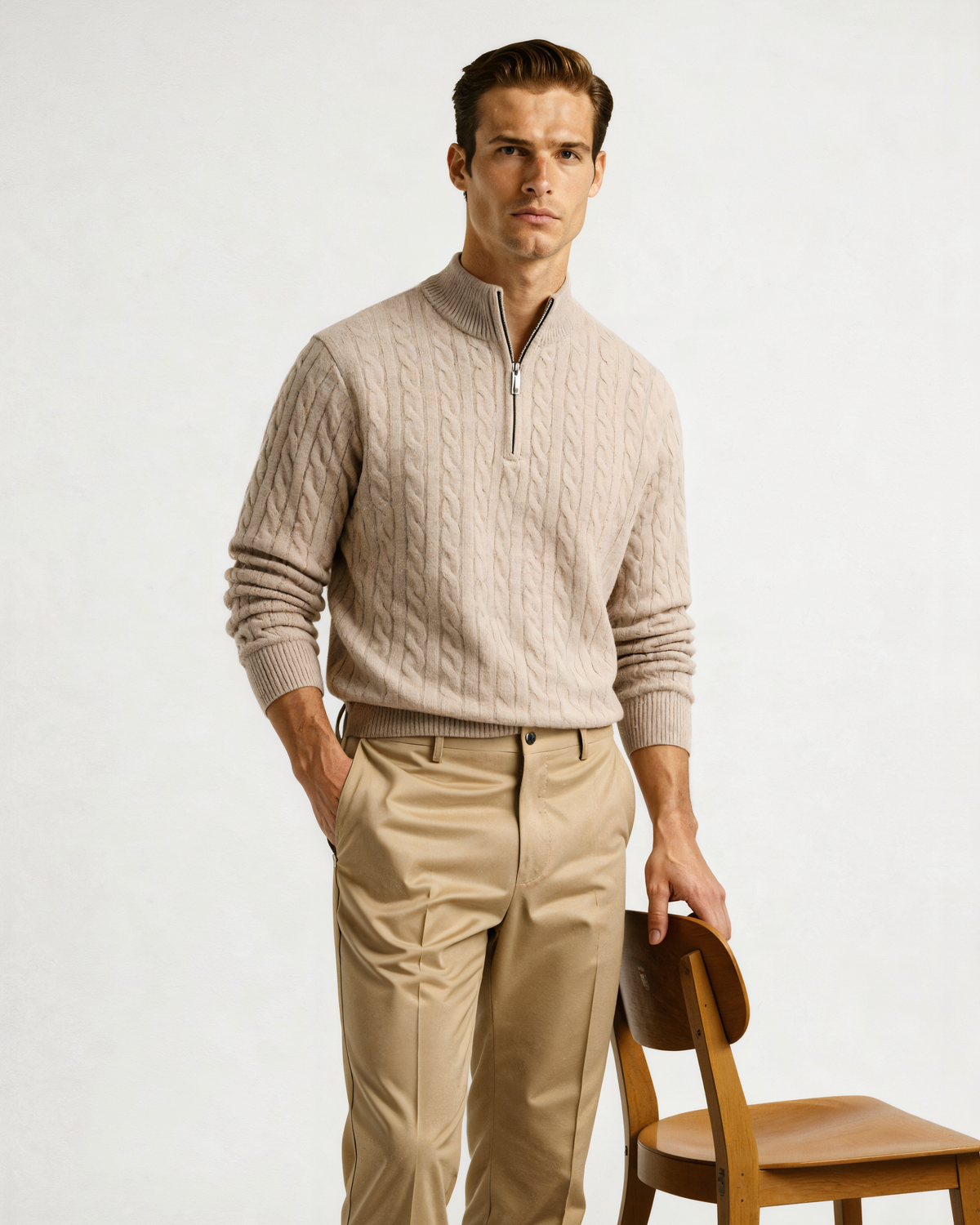 Men's Cashmere Cable Knit Half-Zip Jumper with Mock Collar
