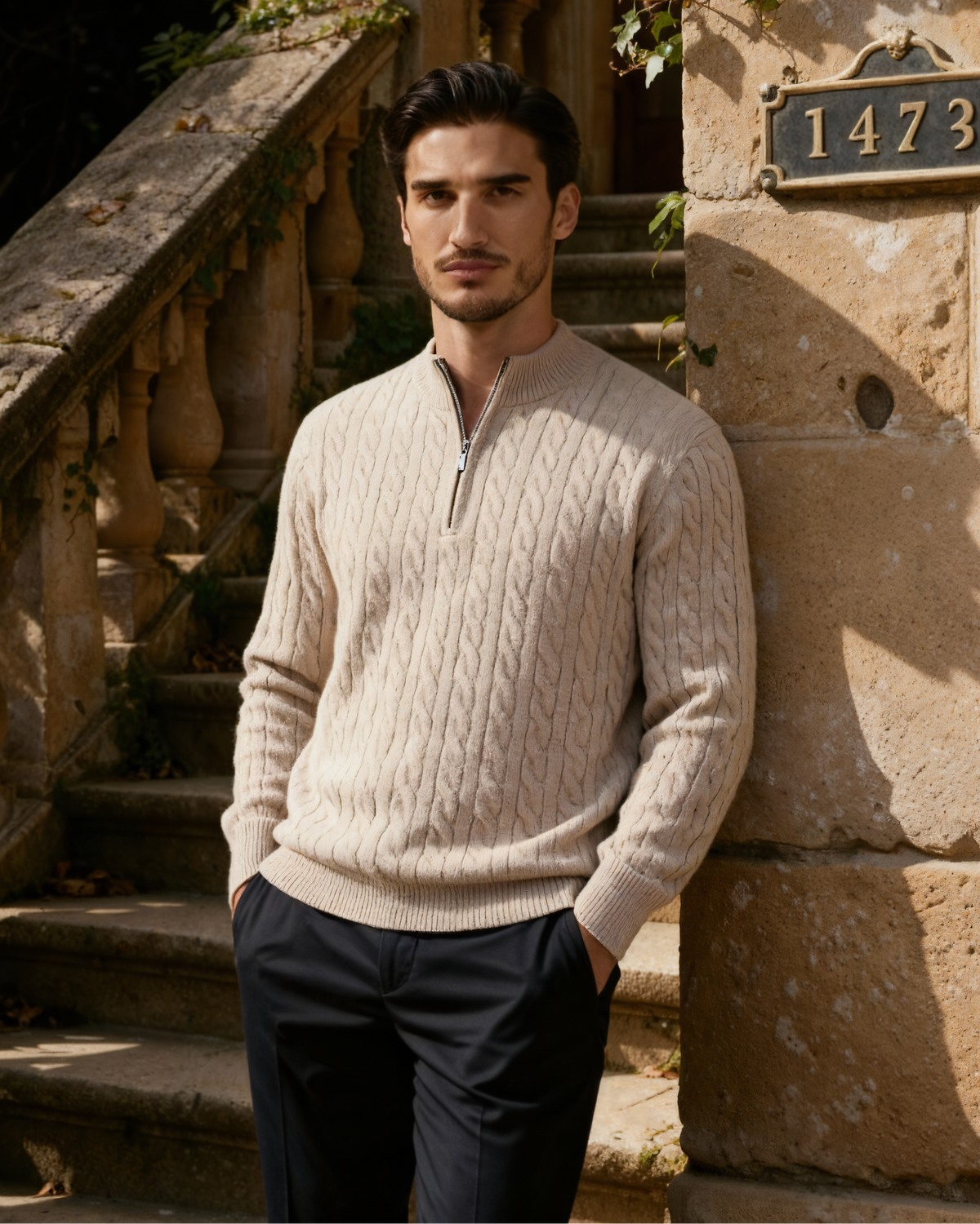 Men's Cashmere Cable Knit Half-Zip Jumper with Mock Collar