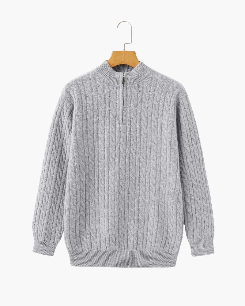 Men's Cashmere Cable Knit Half-Zip Jumper with Mock Collar - Grey