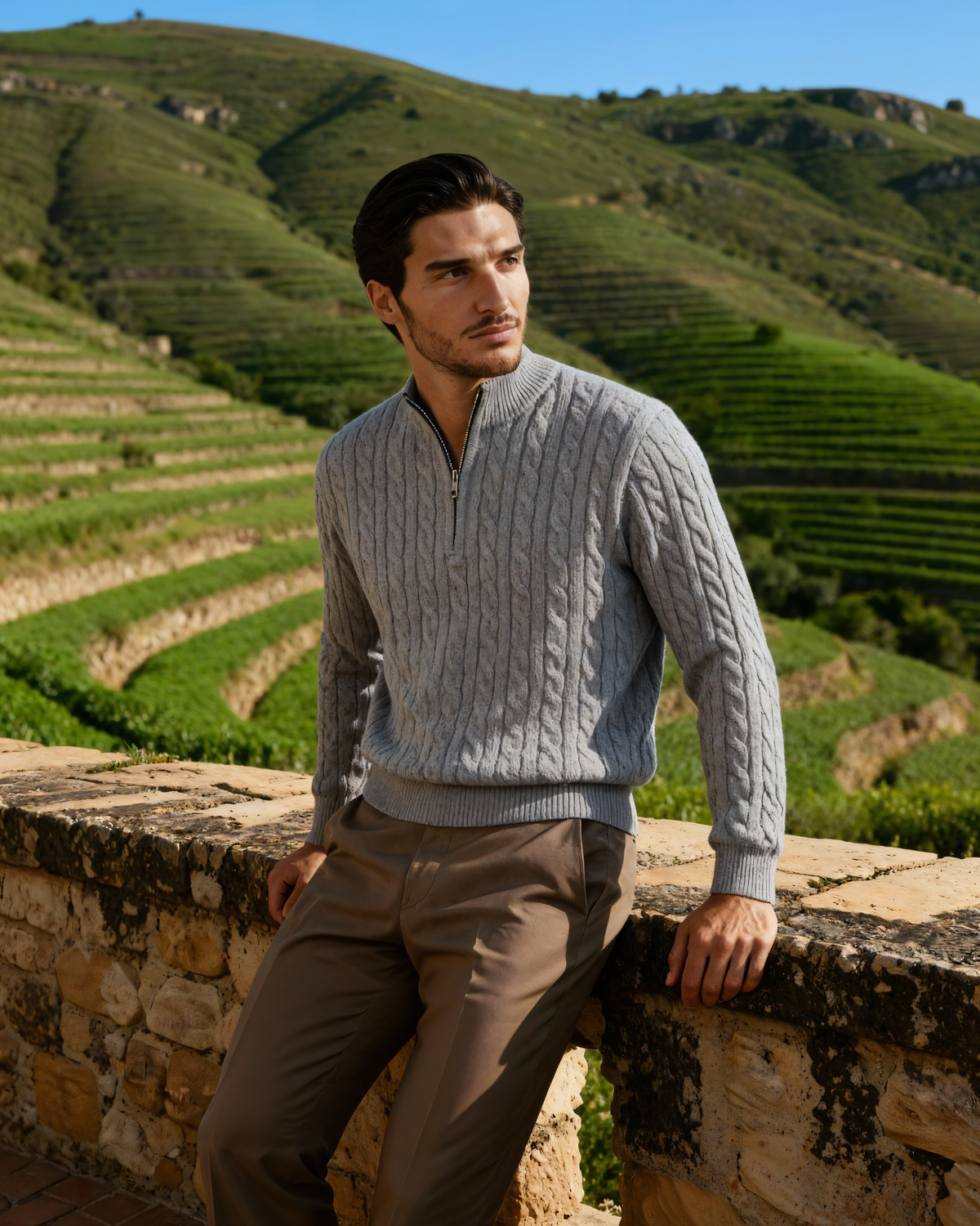 Men's Cashmere Cable Knit Half-Zip Jumper with Mock Collar