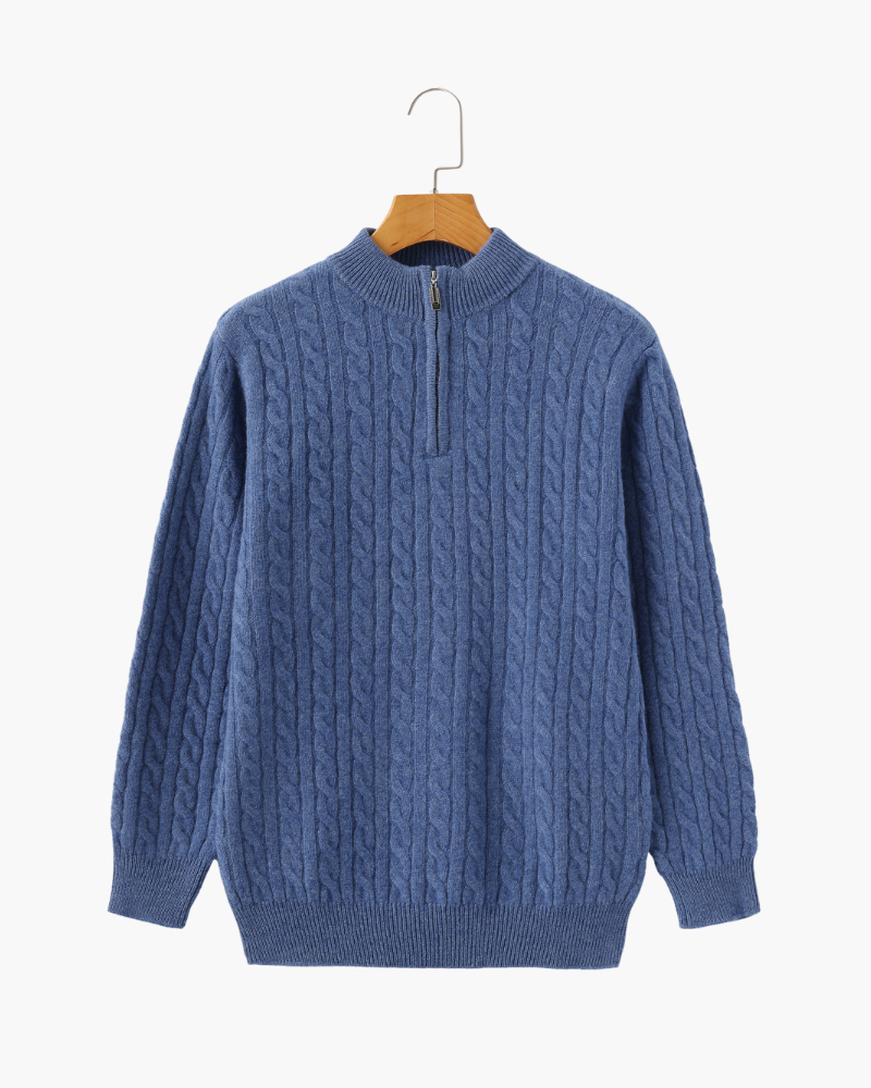Men's Cashmere Cable Knit Half-Zip Jumper with Mock Collar - Blue