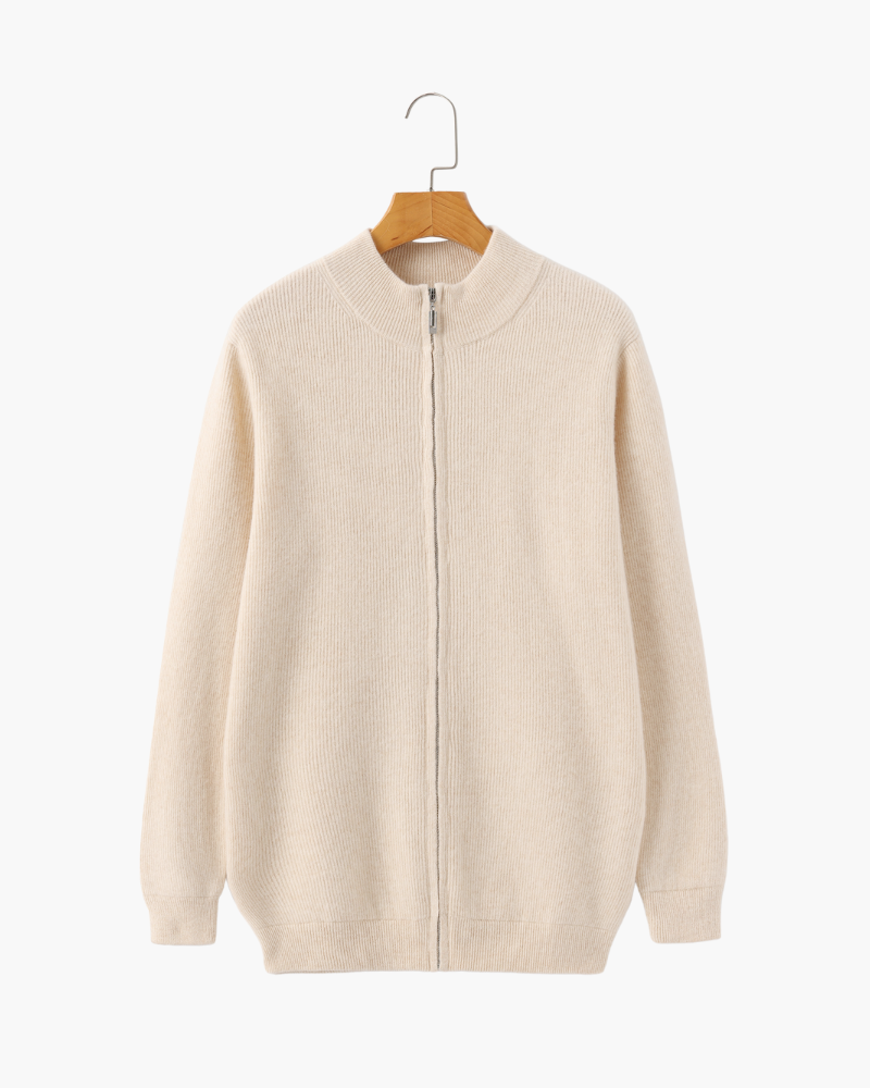 Men's Cashmere Full-Zip Cardigan with Ribbed Stand Collar - Beige