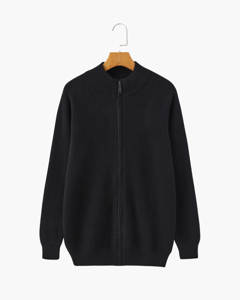Men's Cashmere Full-Zip Cardigan with Ribbed Stand Collar - Black