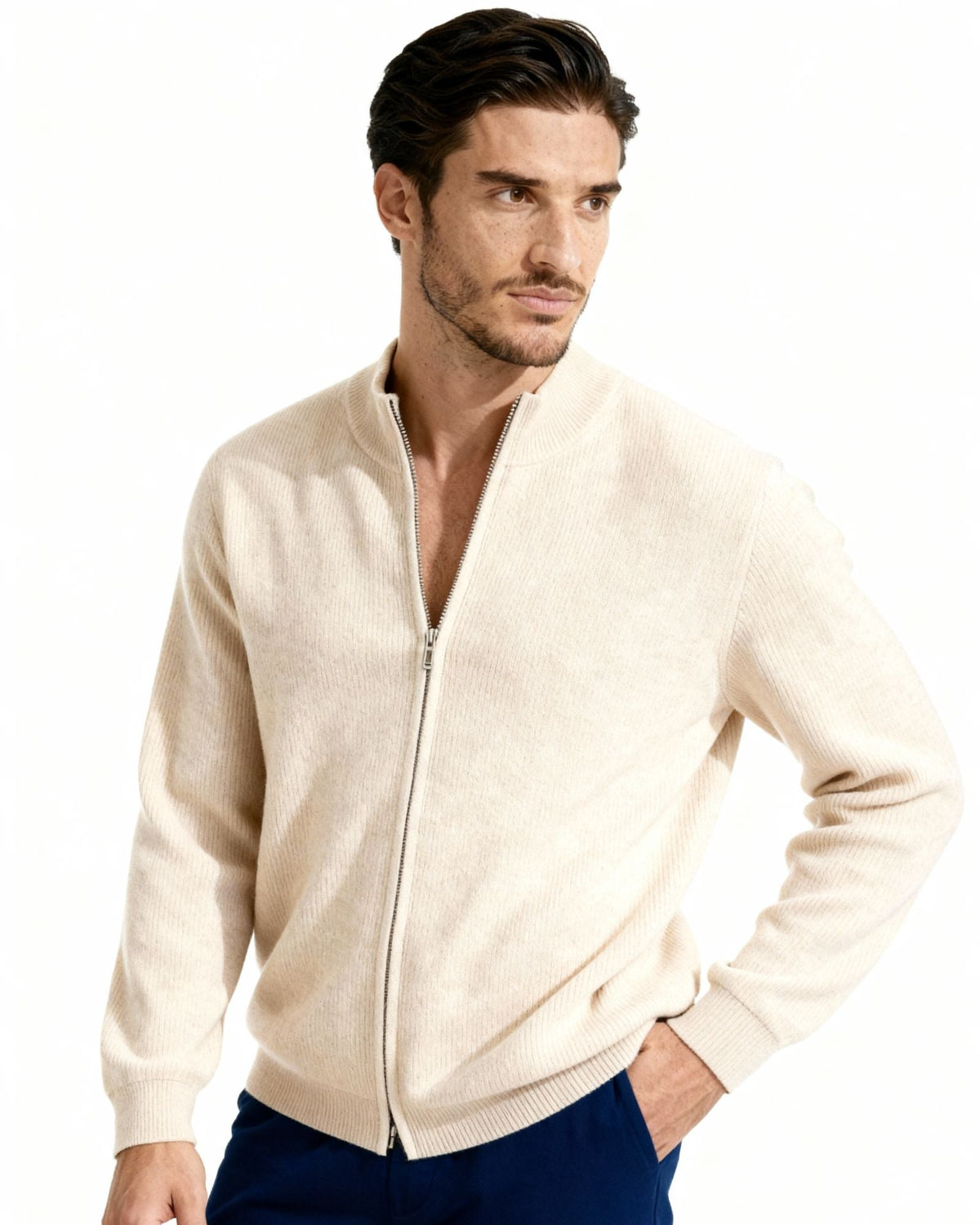Men's Cashmere Full-Zip Cardigan with Ribbed Stand Collar