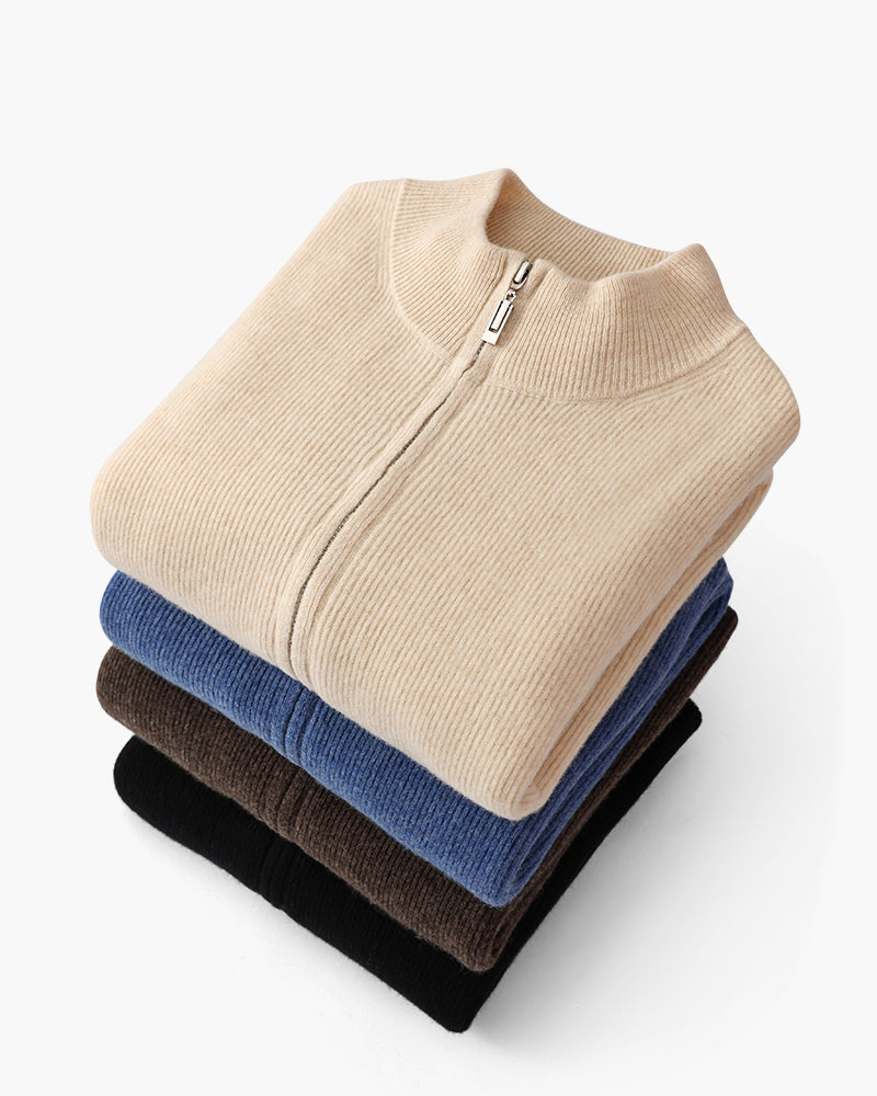 Men's Cashmere Full-Zip Cardigan with Ribbed Stand Collar