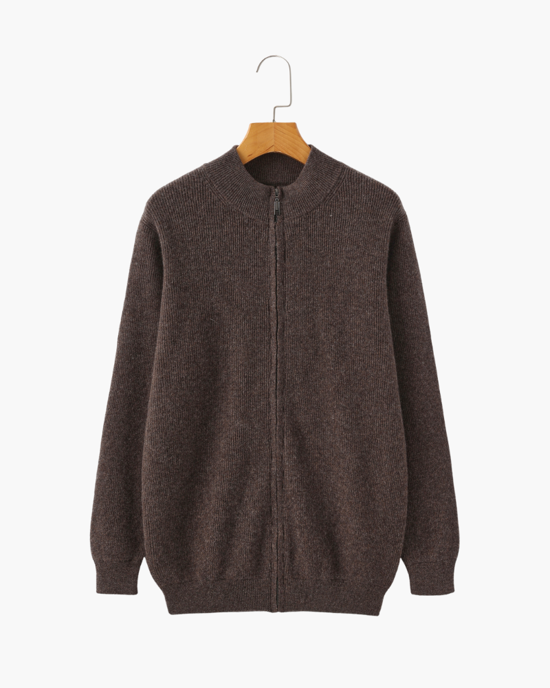 Men's Cashmere Full-Zip Cardigan with Ribbed Stand Collar