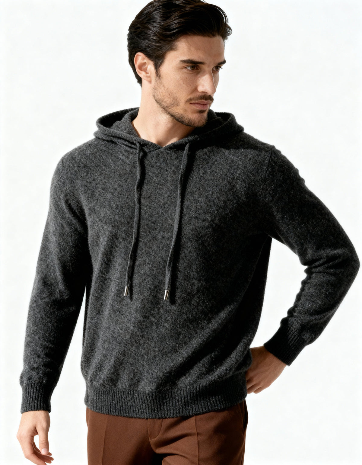 Men's Cashmere Hoodie with Drawstring Hood and Kangaroo Pocket - Dark Grey
