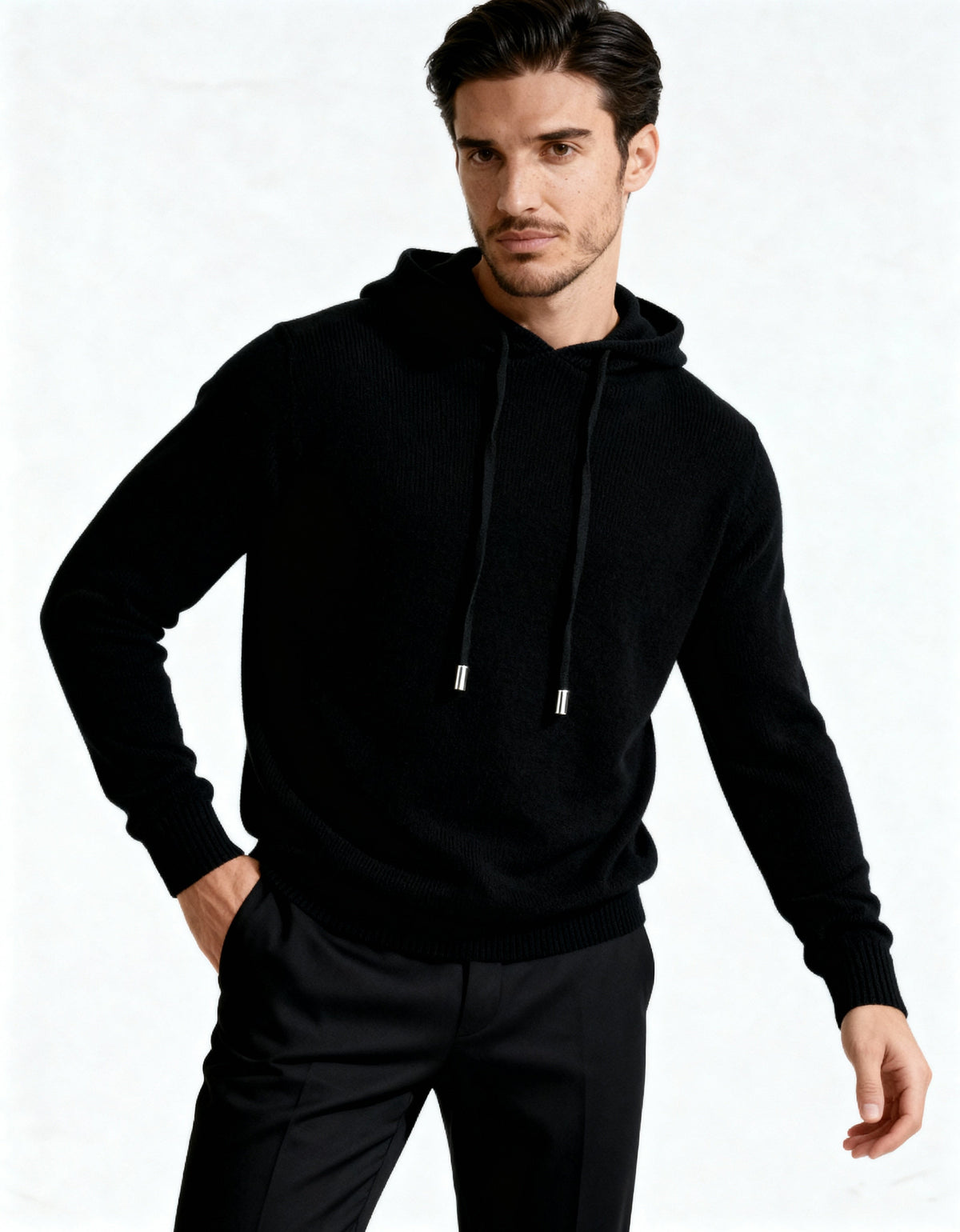 Men's Cashmere Hoodie with Drawstring Hood and Kangaroo Pocket - Black