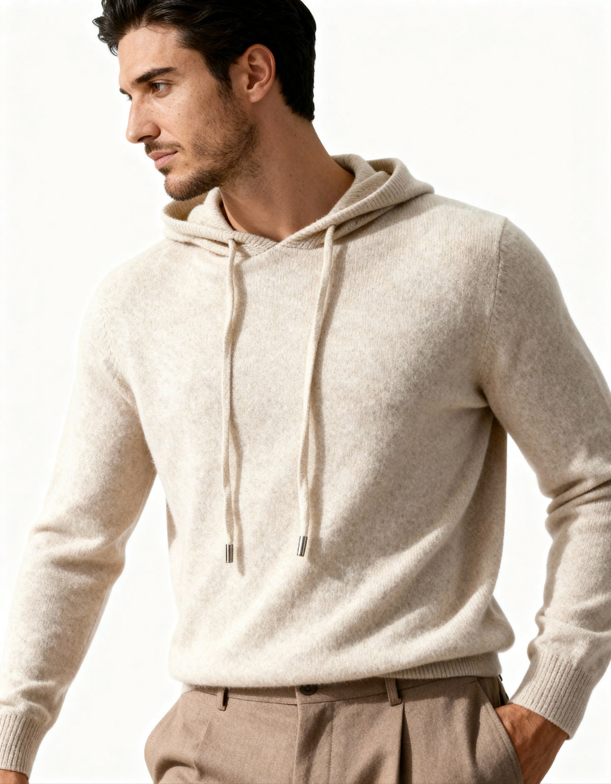 Men's Cashmere Hoodie with Drawstring Hood and Kangaroo Pocket - Beige