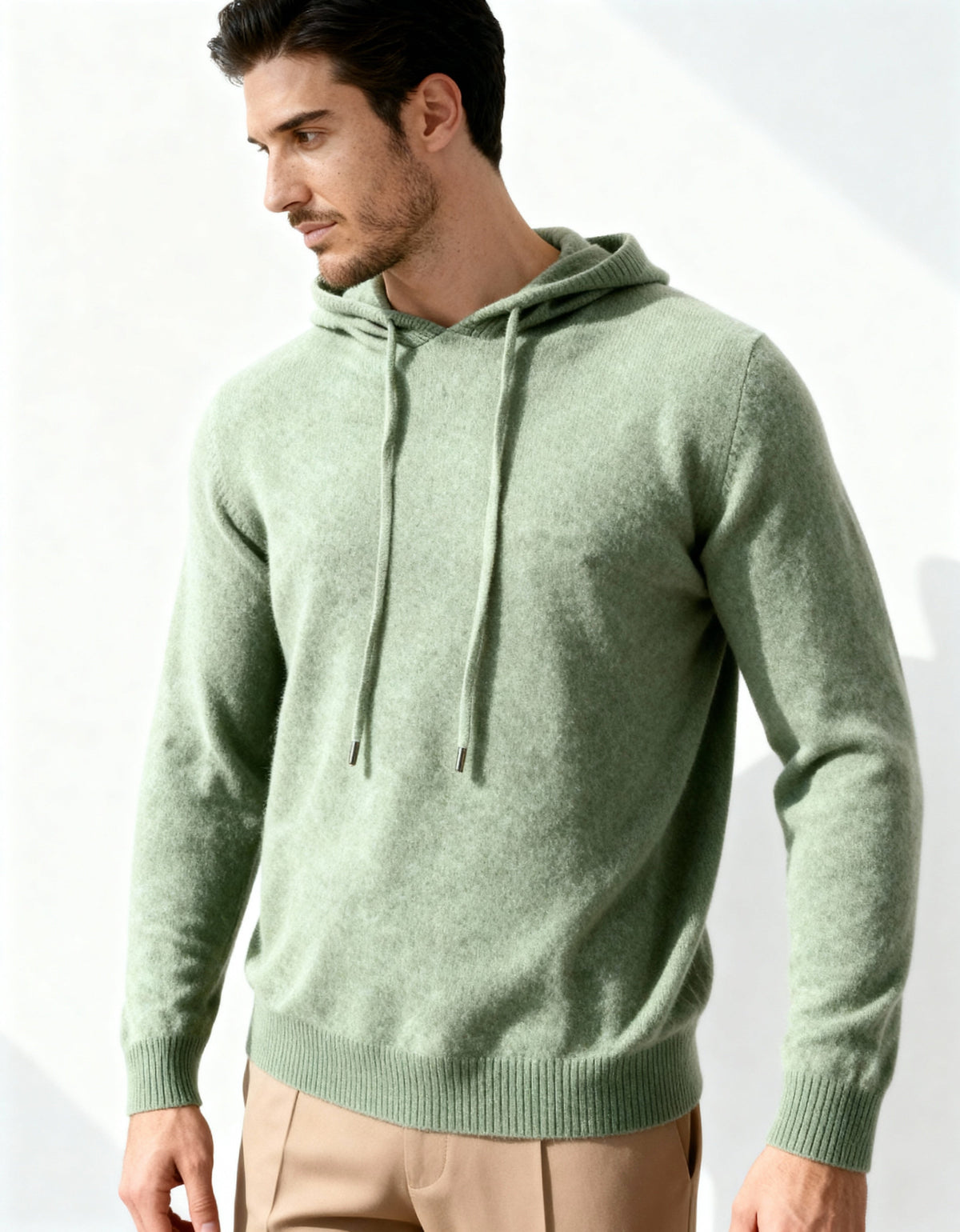 Men's Cashmere Hoodie with Drawstring Hood and Kangaroo Pocket - Green