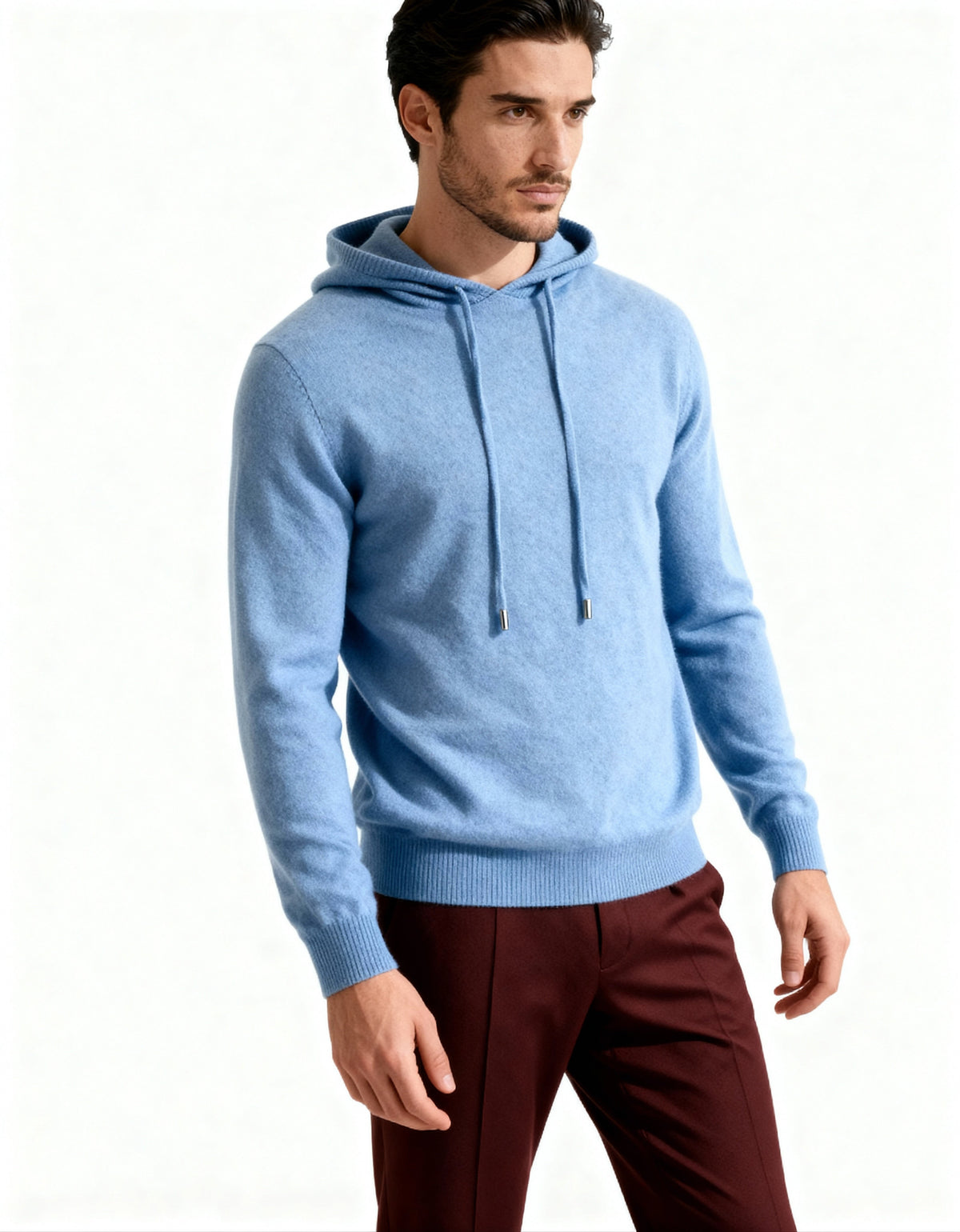 Men's Cashmere Hoodie with Drawstring Hood and Kangaroo Pocket - Blue