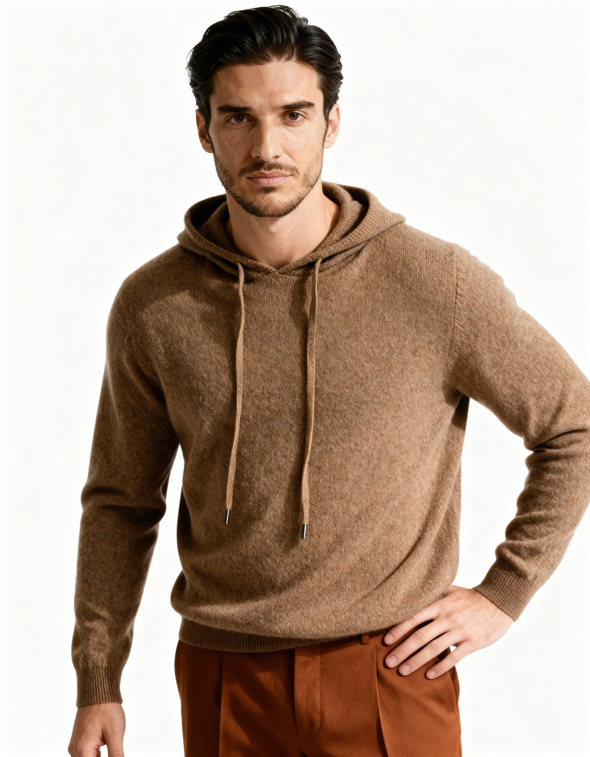 Men's Cashmere Hoodie with Drawstring Hood and Kangaroo Pocket - Brown