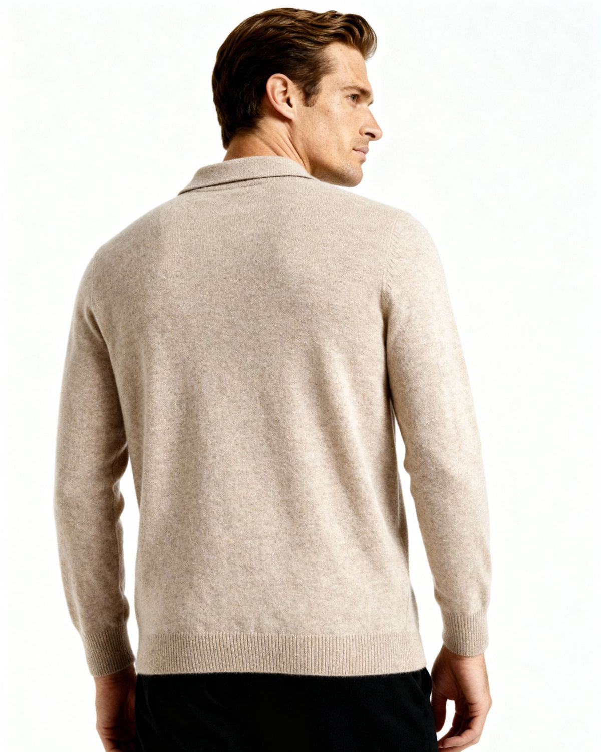 Men's Cashmere Long Sleeve Knit Polo with Button Placket