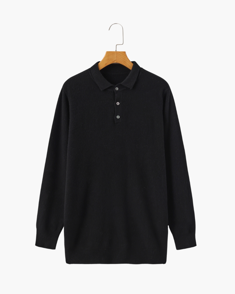 Men's Cashmere Long Sleeve Knit Polo with Button Placket - Black