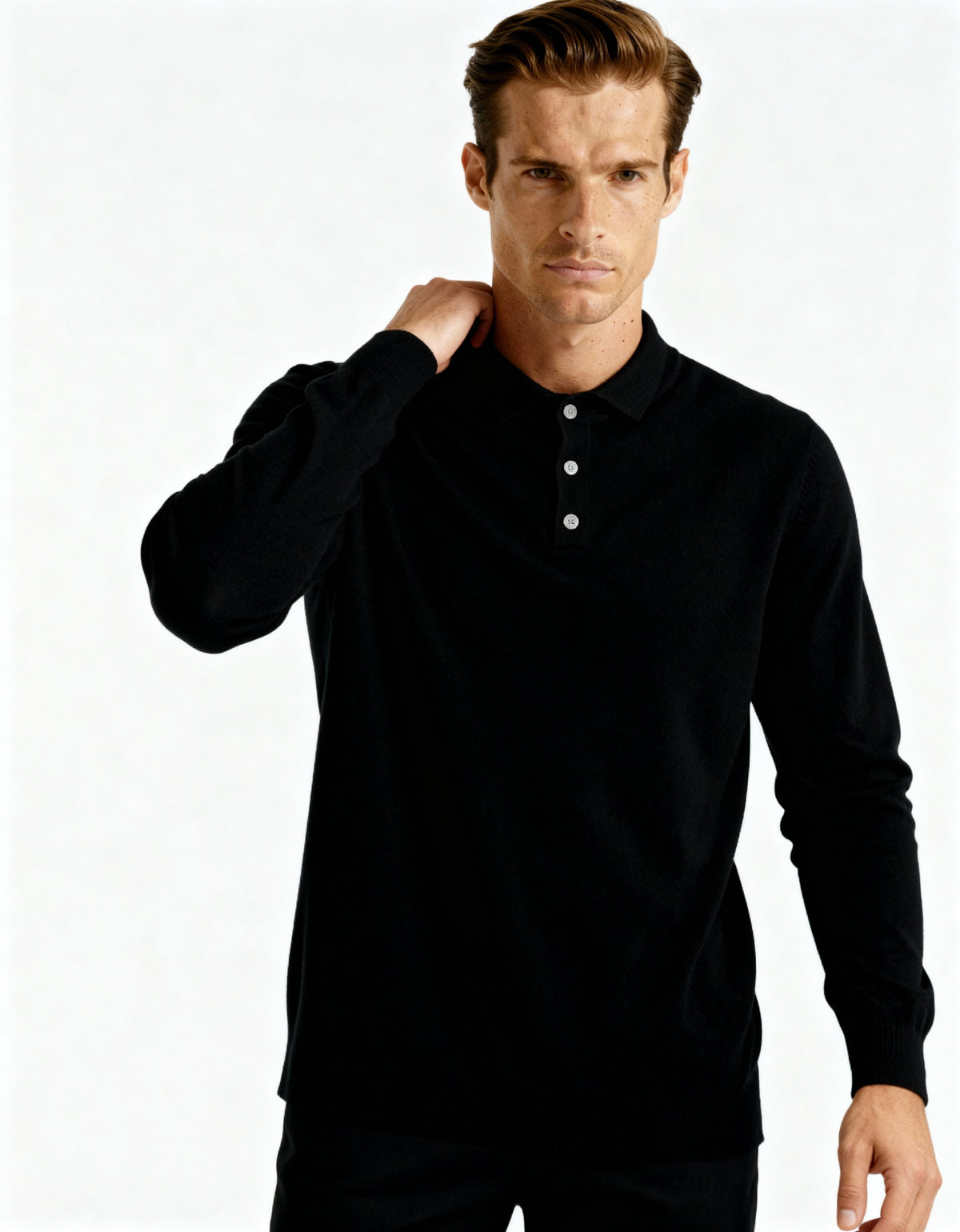 Men's Cashmere Long Sleeve Knit Polo with Button Placket